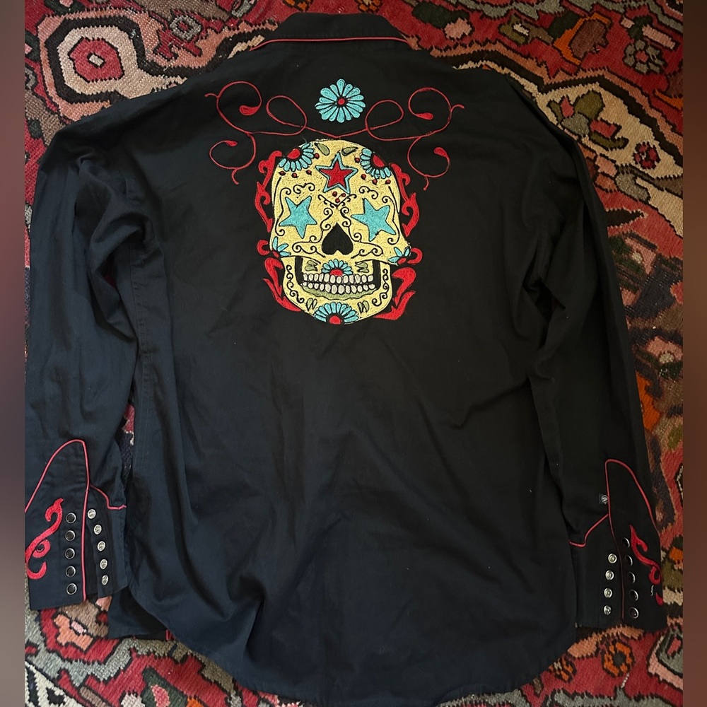 Men's Black Embroidered Sugar Skull Button-Down Shirt